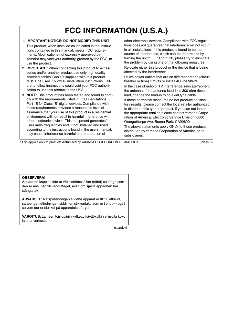 Fcc information (u.s.a.) | Yamaha PORTATONE PSR-1000 User Manual | Page 170 / 172