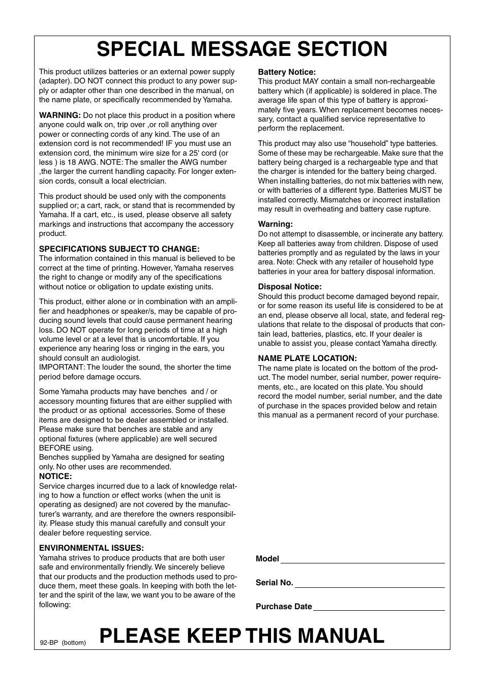 Introduction, Please keep this manual | Yamaha PORTATONE PSR-1000 User Manual | Page 2 / 172