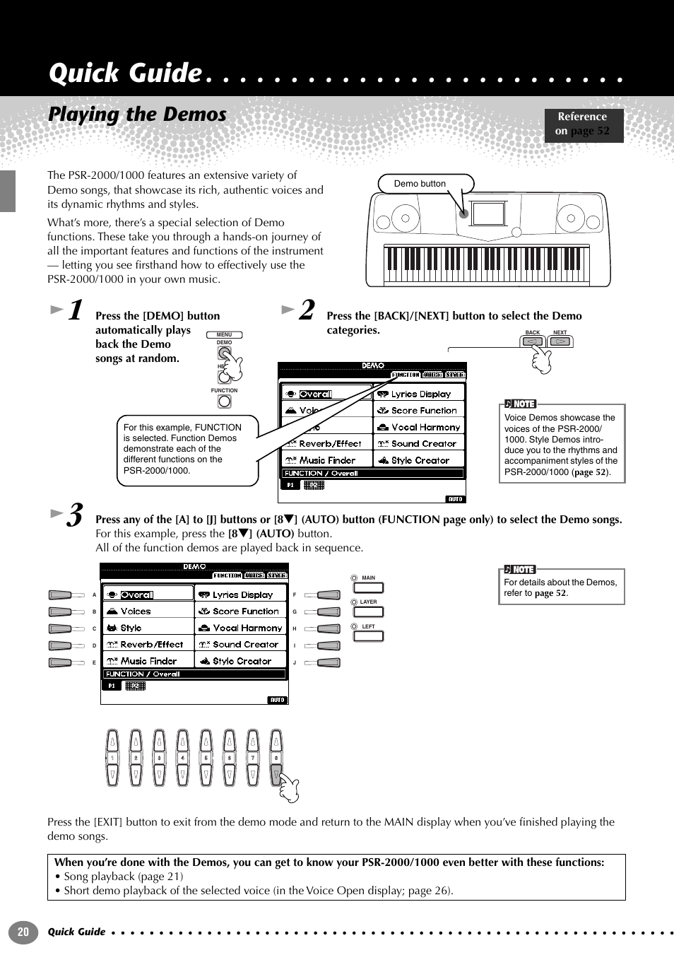 Quick guide, Playing the demos | Yamaha PORTATONE PSR-1000 User Manual | Page 20 / 172