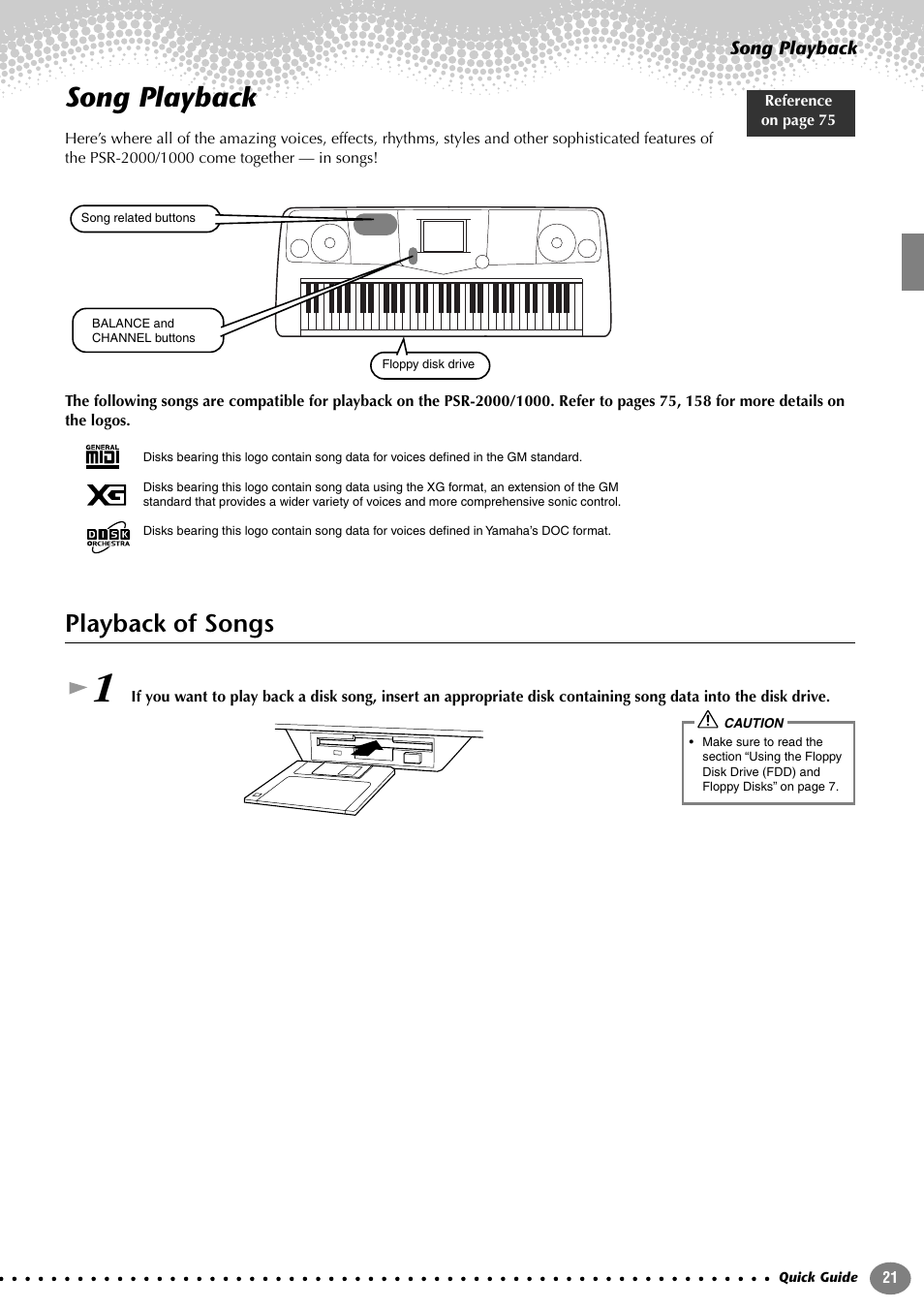 Song playback, Playback of songs | Yamaha PORTATONE PSR-1000 User Manual | Page 21 / 172