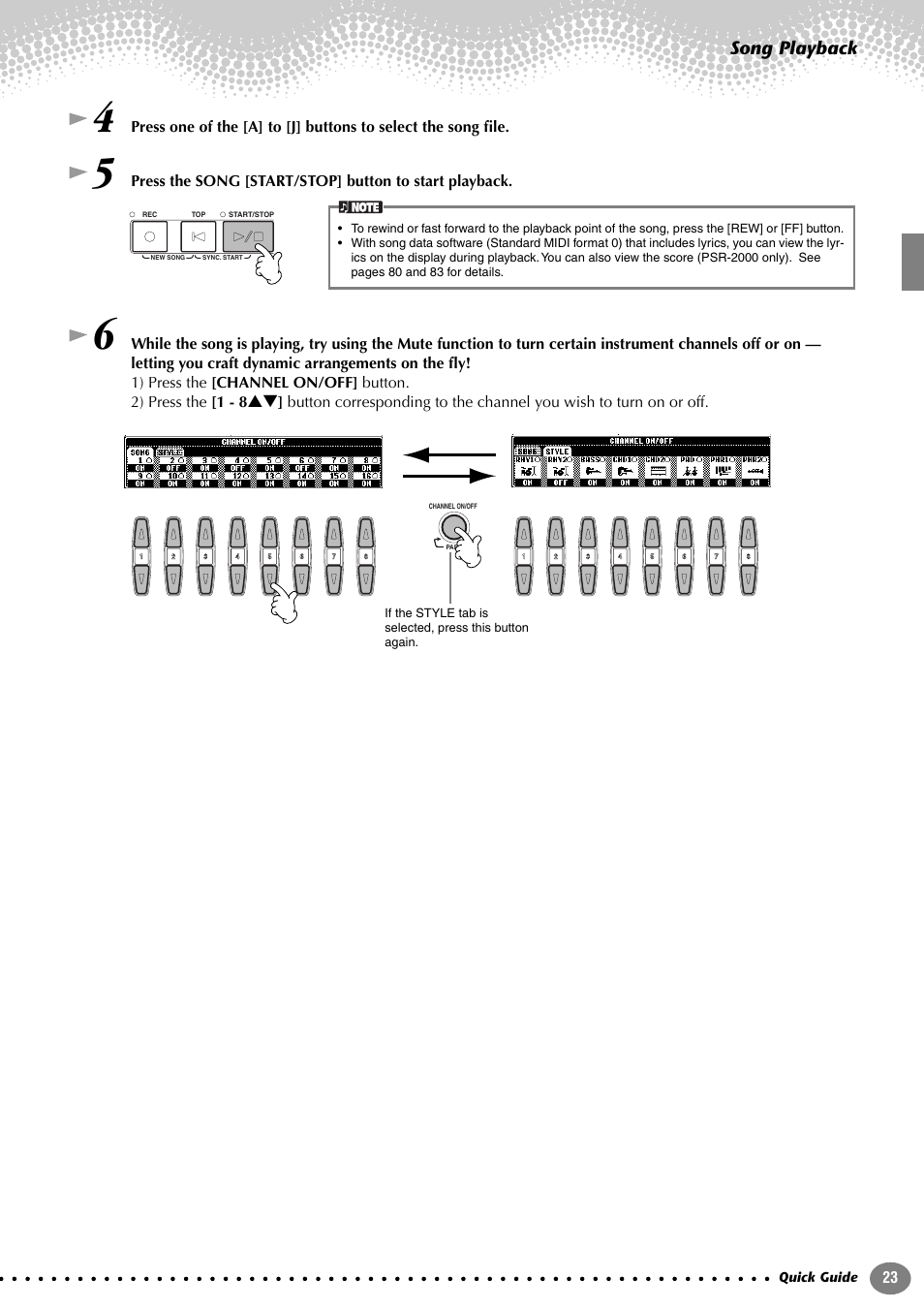 Song playback | Yamaha PORTATONE PSR-1000 User Manual | Page 23 / 172