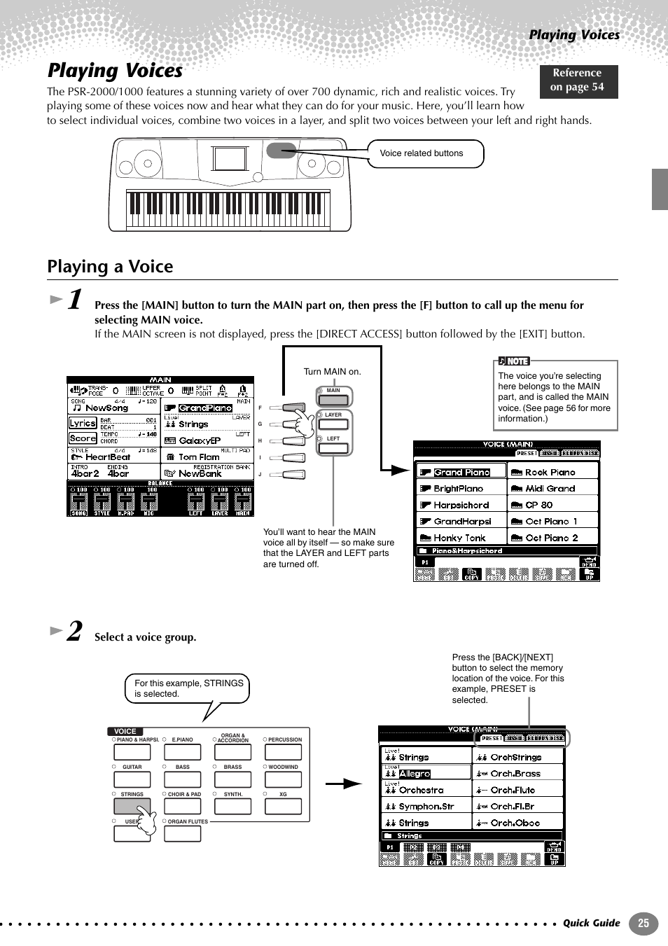 Playing voices, Playing a voice, Select a voice group. reference on page 54 | Yamaha PORTATONE PSR-1000 User Manual | Page 25 / 172