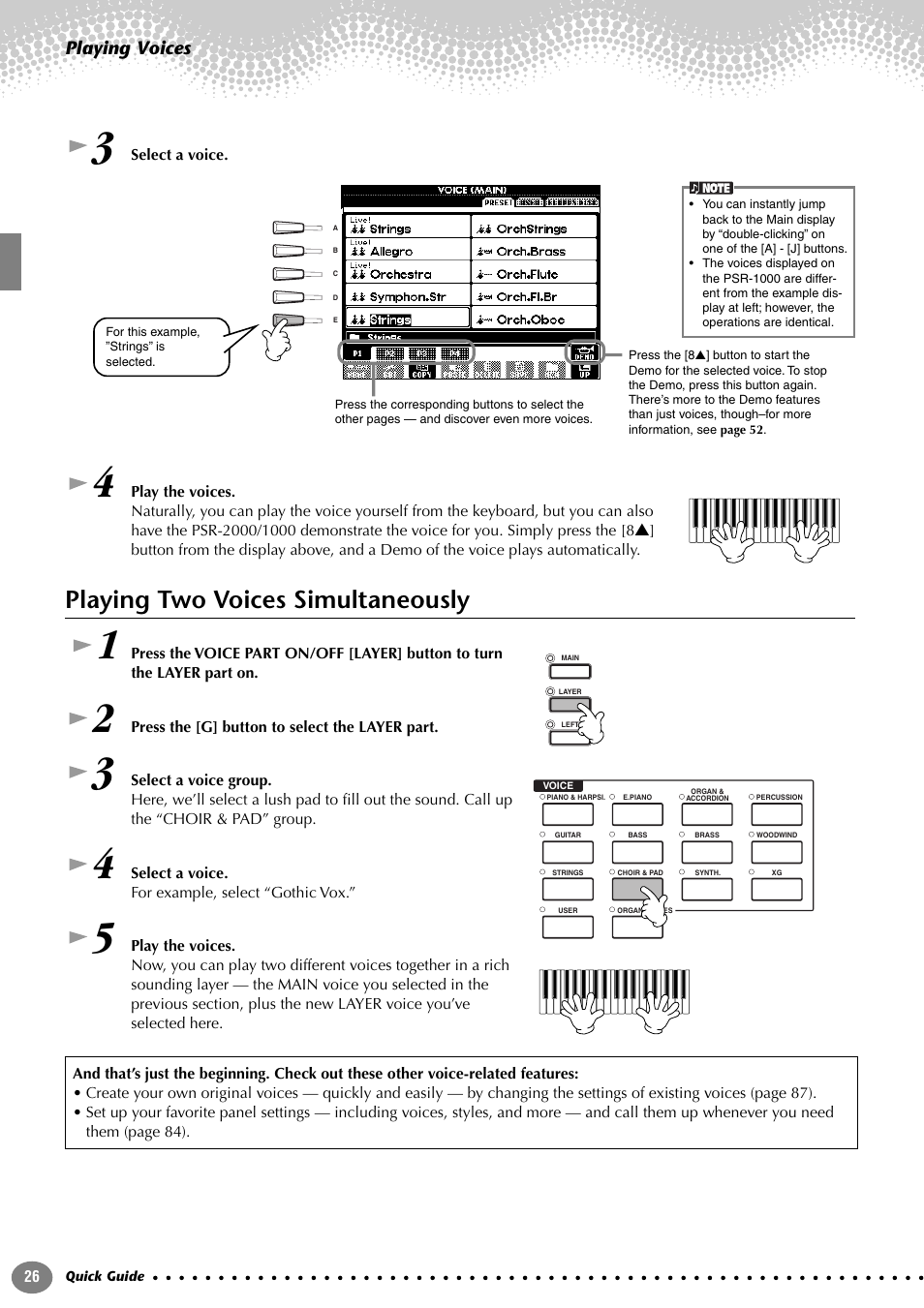 Playing two voices simultaneously, Playing voices | Yamaha PORTATONE PSR-1000 User Manual | Page 26 / 172