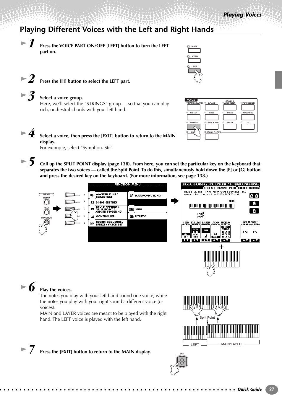 Playing different voices with the left, And right hands, Playing voices | Yamaha PORTATONE PSR-1000 User Manual | Page 27 / 172
