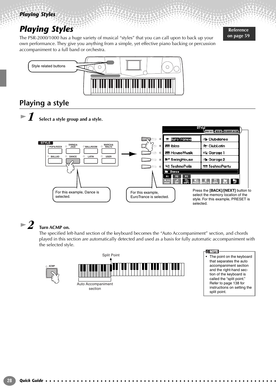 Playing styles, Playing a style | Yamaha PORTATONE PSR-1000 User Manual | Page 28 / 172