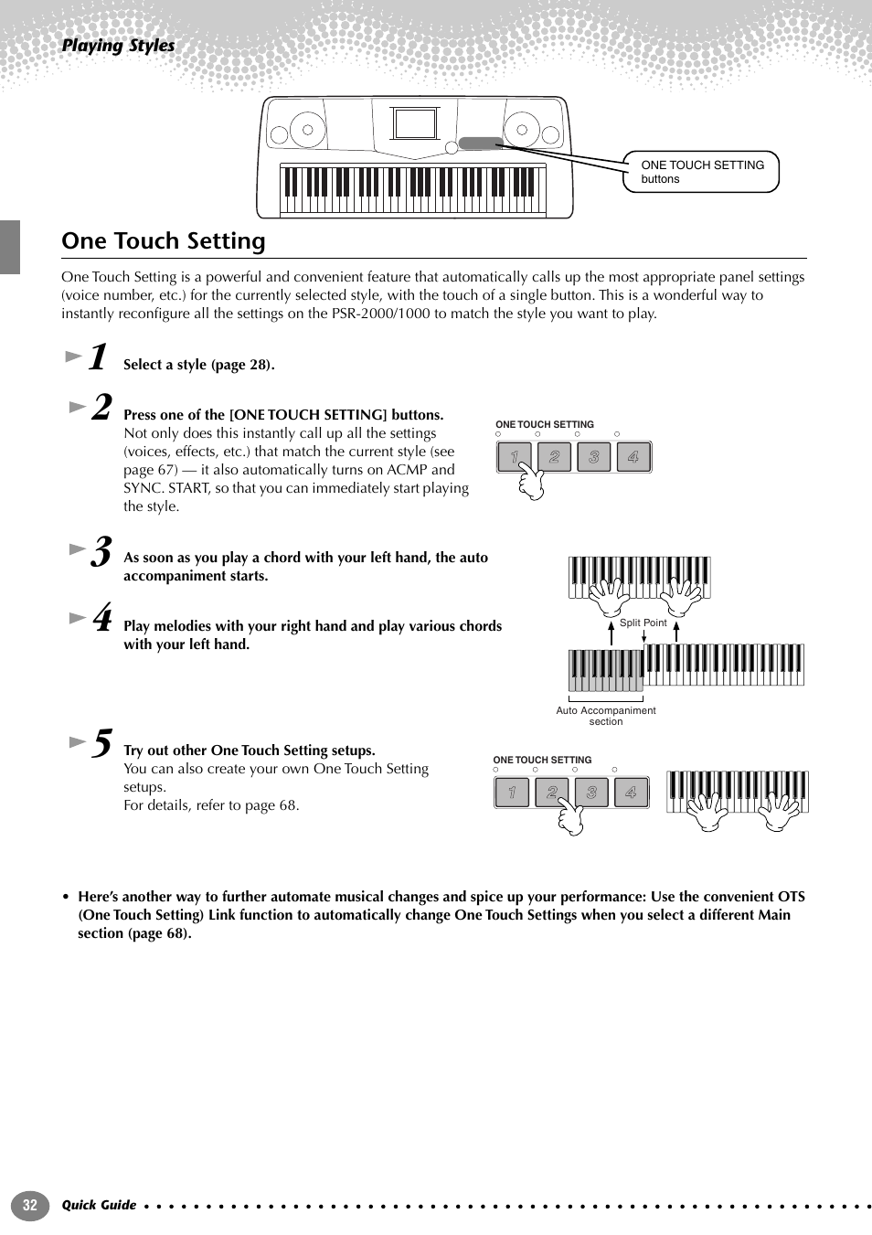 One touch setting | Yamaha PORTATONE PSR-1000 User Manual | Page 32 / 172