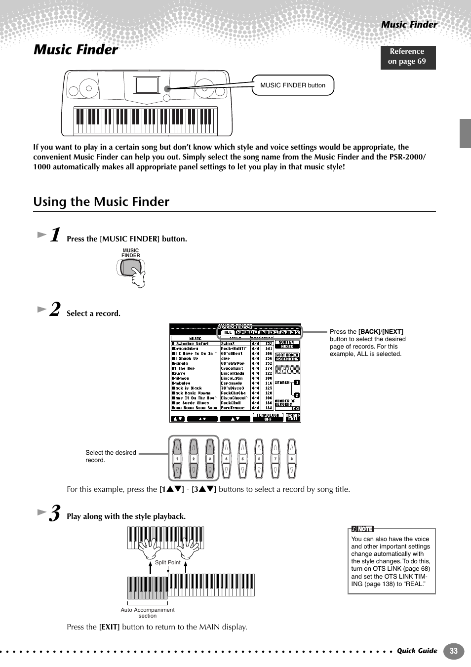 Music finder, Using the music finder | Yamaha PORTATONE PSR-1000 User Manual | Page 33 / 172