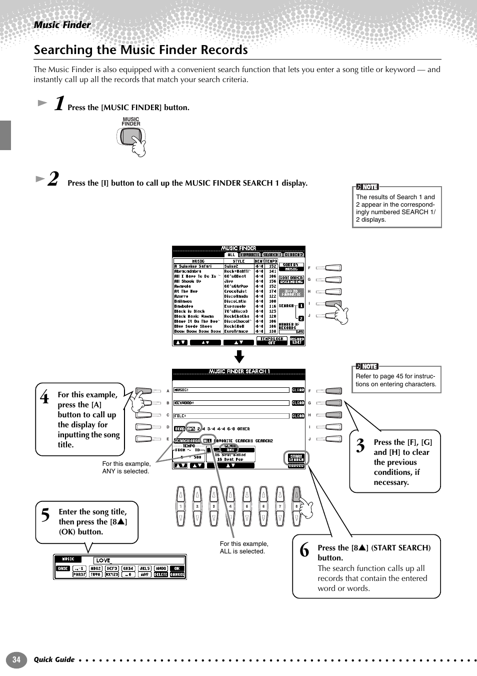 Searching the music finder records, Music finder | Yamaha PORTATONE PSR-1000 User Manual | Page 34 / 172