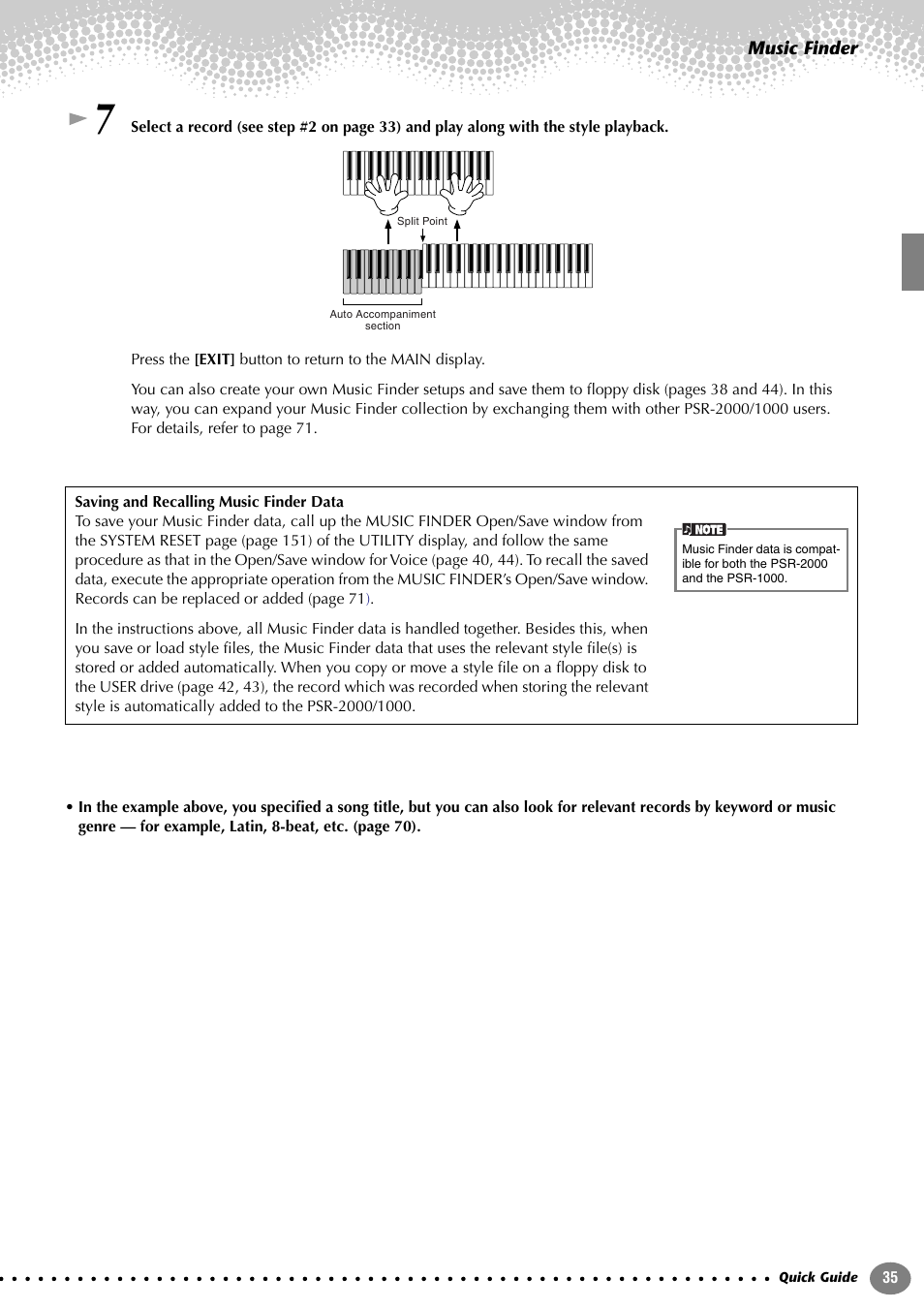 Saving and recalling music finder data | Yamaha PORTATONE PSR-1000 User Manual | Page 35 / 172