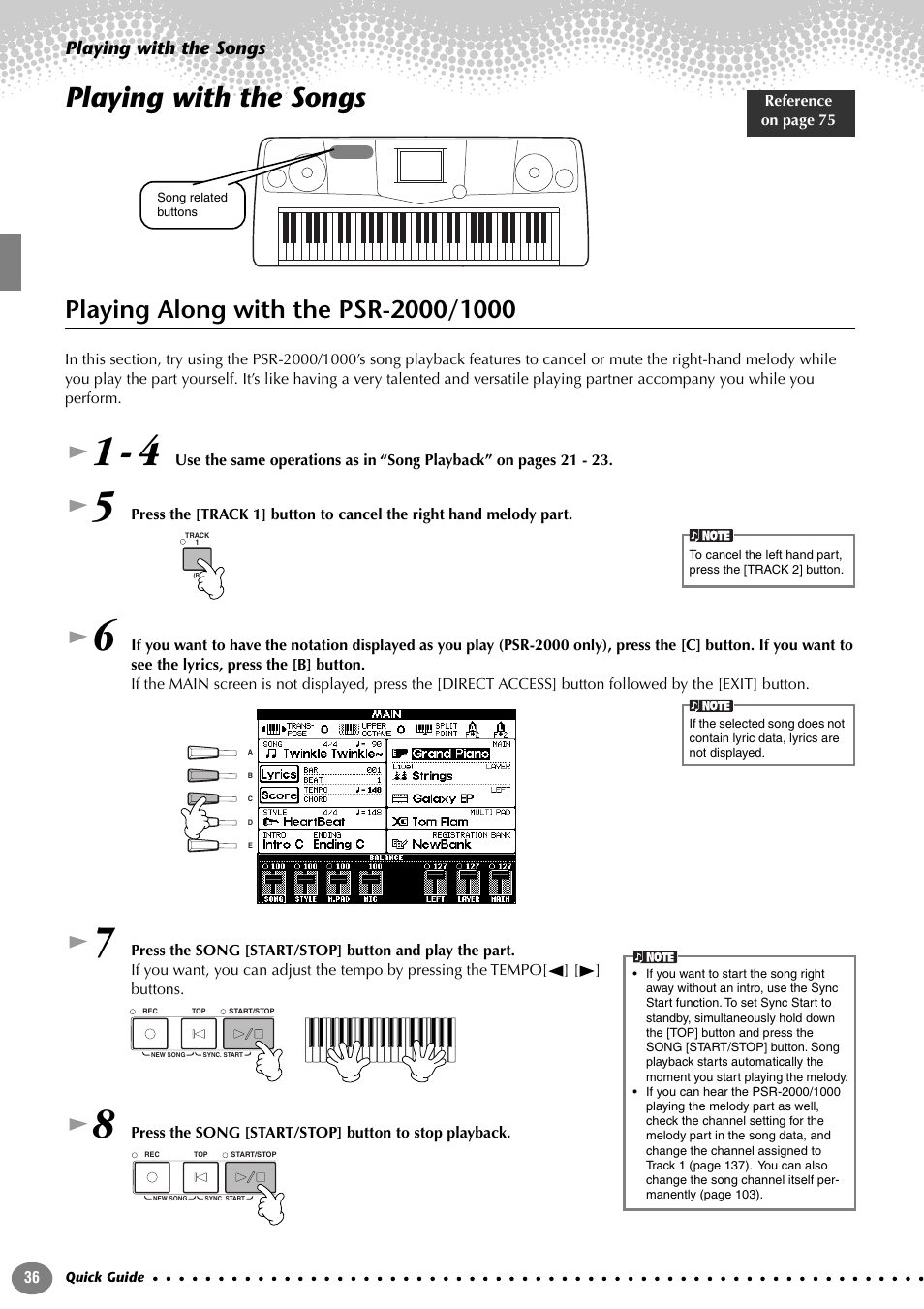 Playing with the songs, Playing along with the psr-2000/1000 | Yamaha PORTATONE PSR-1000 User Manual | Page 36 / 172