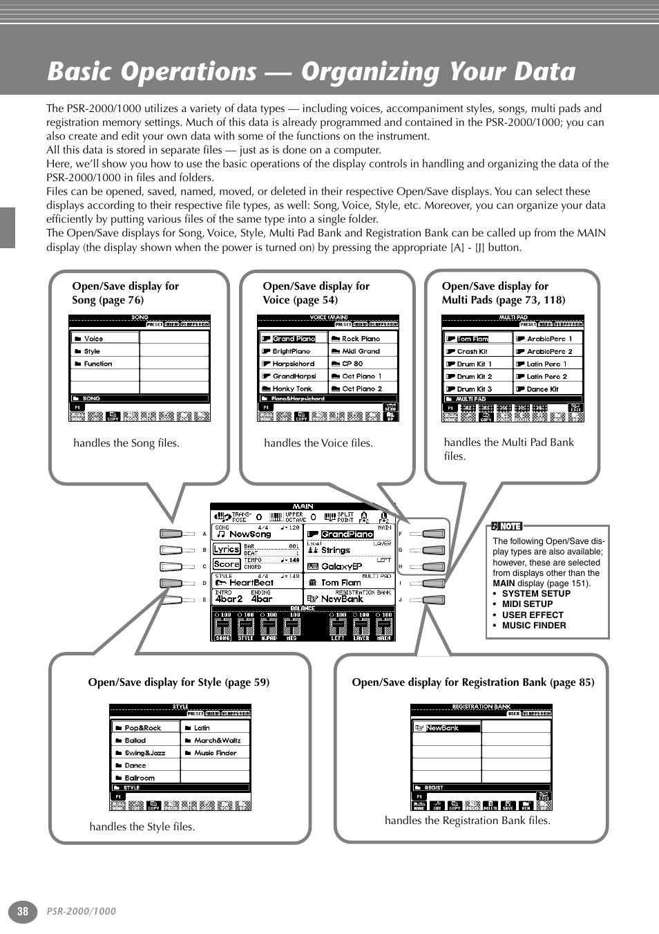 Basic operations — organizing your data, P. 38 | Yamaha PORTATONE PSR-1000 User Manual | Page 38 / 172