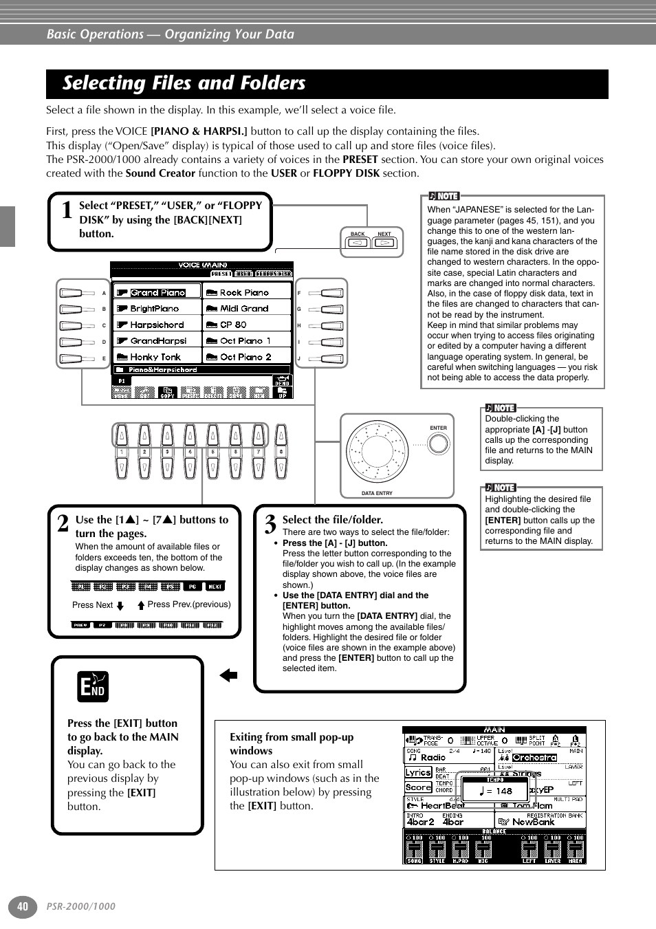 Selecting files and folders, P. 40, Basic operations — organizing your data | Yamaha PORTATONE PSR-1000 User Manual | Page 40 / 172