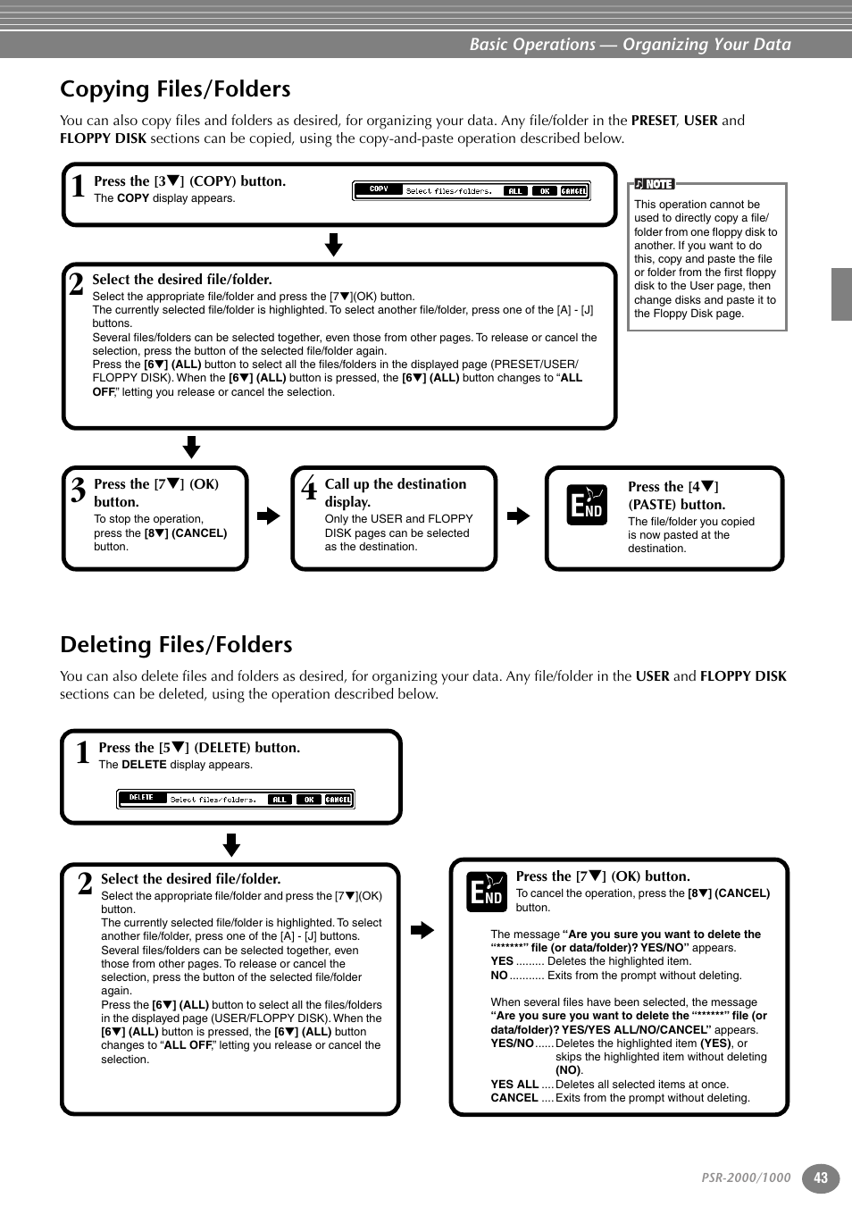 Copying files/folders, Deleting files/folders, Copying files/folders deleting files/folders | Yamaha PORTATONE PSR-1000 User Manual | Page 43 / 172