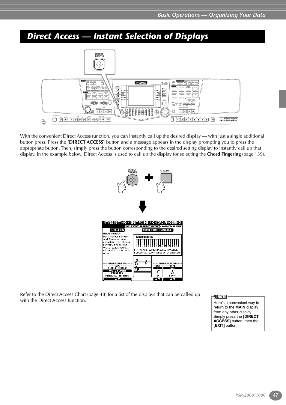 Direct access — instant selection of displays, P. 47, Basic operations — organizing your data | Direct access direct access acmp | Yamaha PORTATONE PSR-1000 User Manual | Page 47 / 172