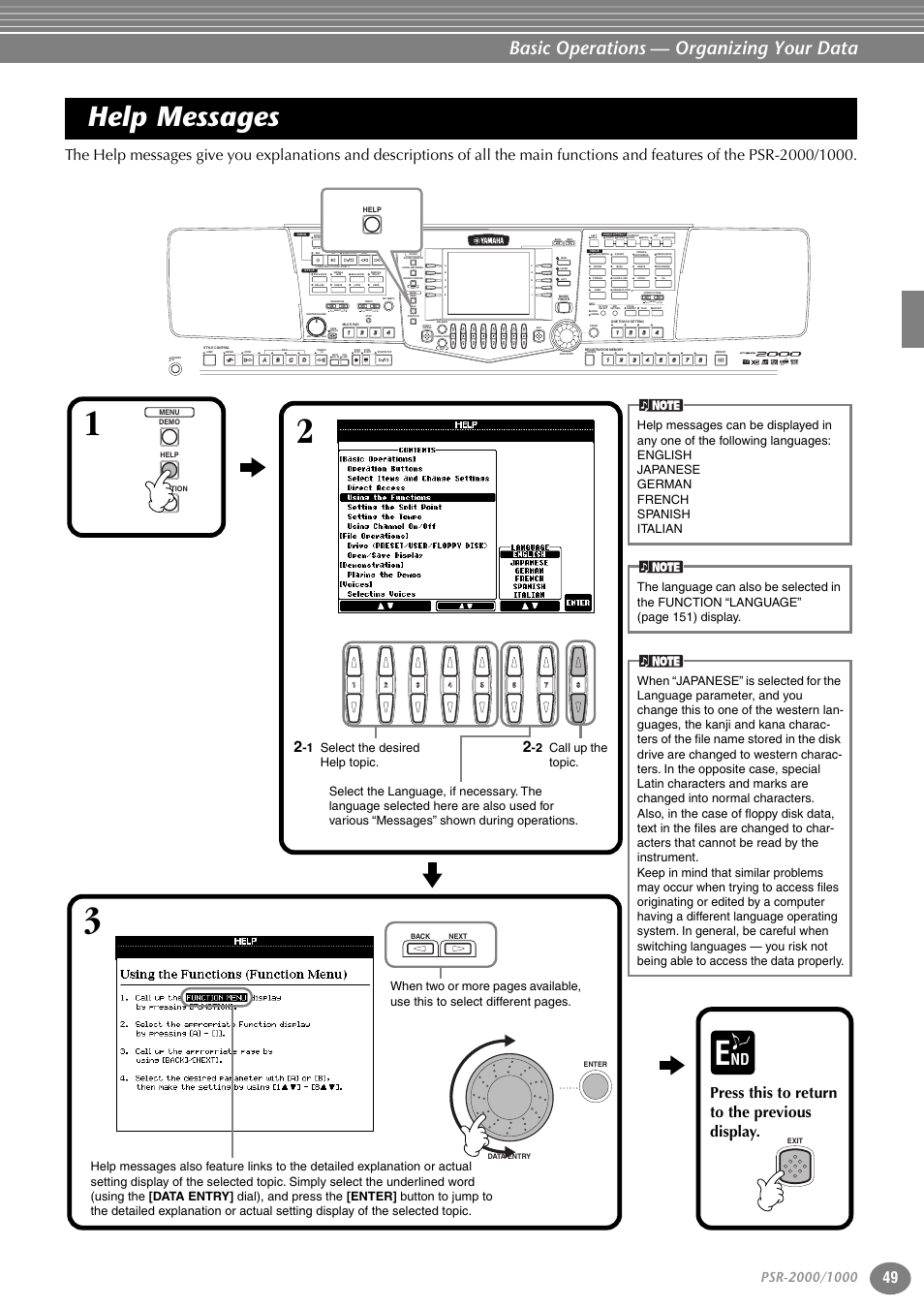 Help messages, P. 49, Basic operations — organizing your data | Press this to return to the previous display, 1 select the desired help topic | Yamaha PORTATONE PSR-1000 User Manual | Page 49 / 172