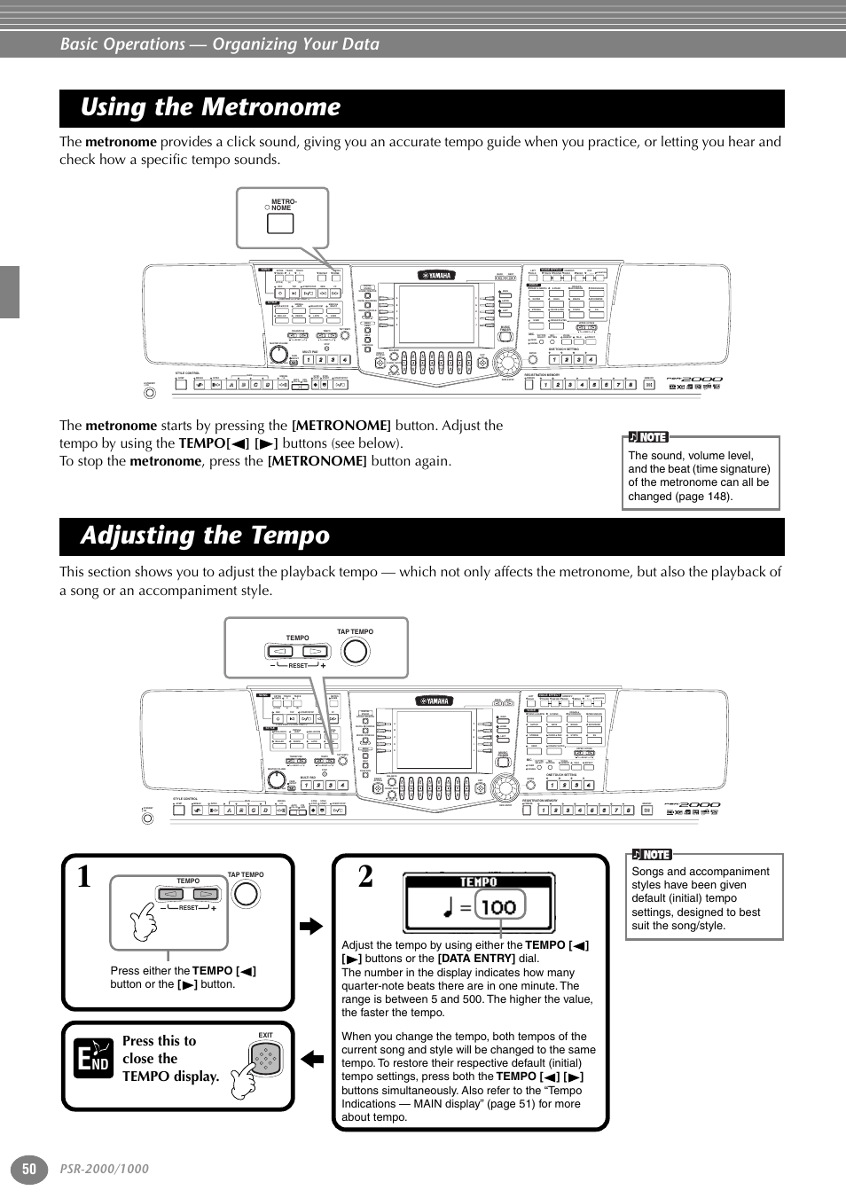 Using the metronome, Adjusting the tempo, Using the metronome adjusting the tempo | P. 50, Basic operations — organizing your data, Press this to close the tempo display | Yamaha PORTATONE PSR-1000 User Manual | Page 50 / 172