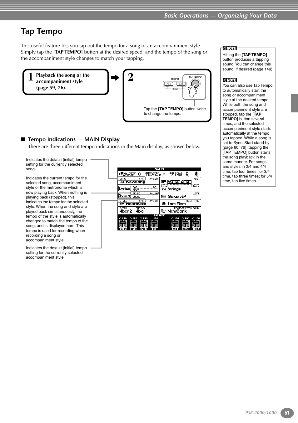 Tap tempo, Tempo indications — main display, P. 51 | Yamaha PORTATONE PSR-1000 User Manual | Page 51 / 172