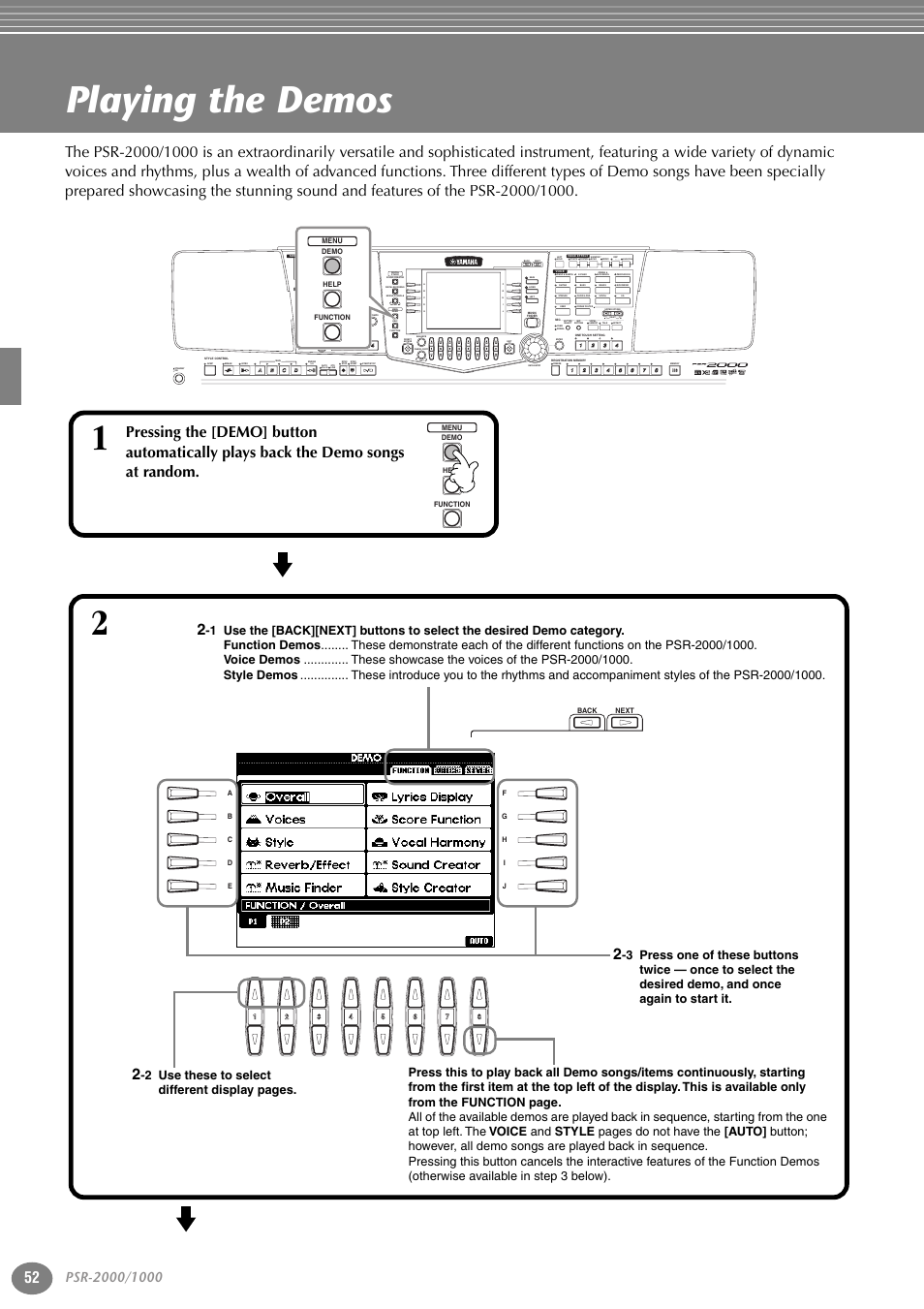 Reference, Playing the demos, Reference playing the demos | P. 52, Psr-2000/1000, Er to, Part, Variation, Reset, Reset min max | Yamaha PORTATONE PSR-1000 User Manual | Page 52 / 172