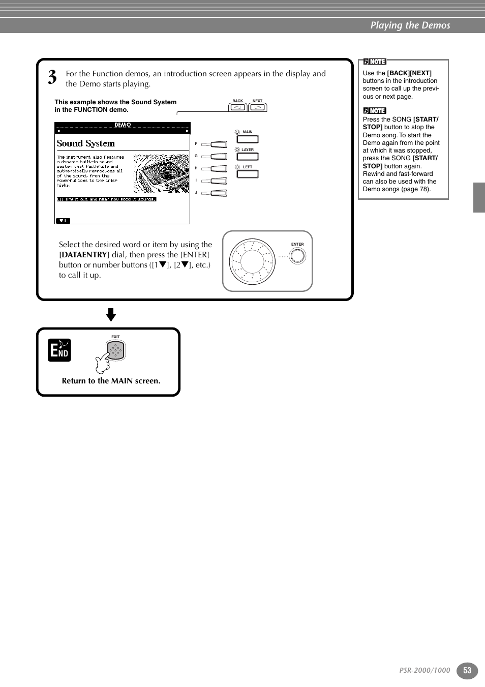 Playing the demos | Yamaha PORTATONE PSR-1000 User Manual | Page 53 / 172