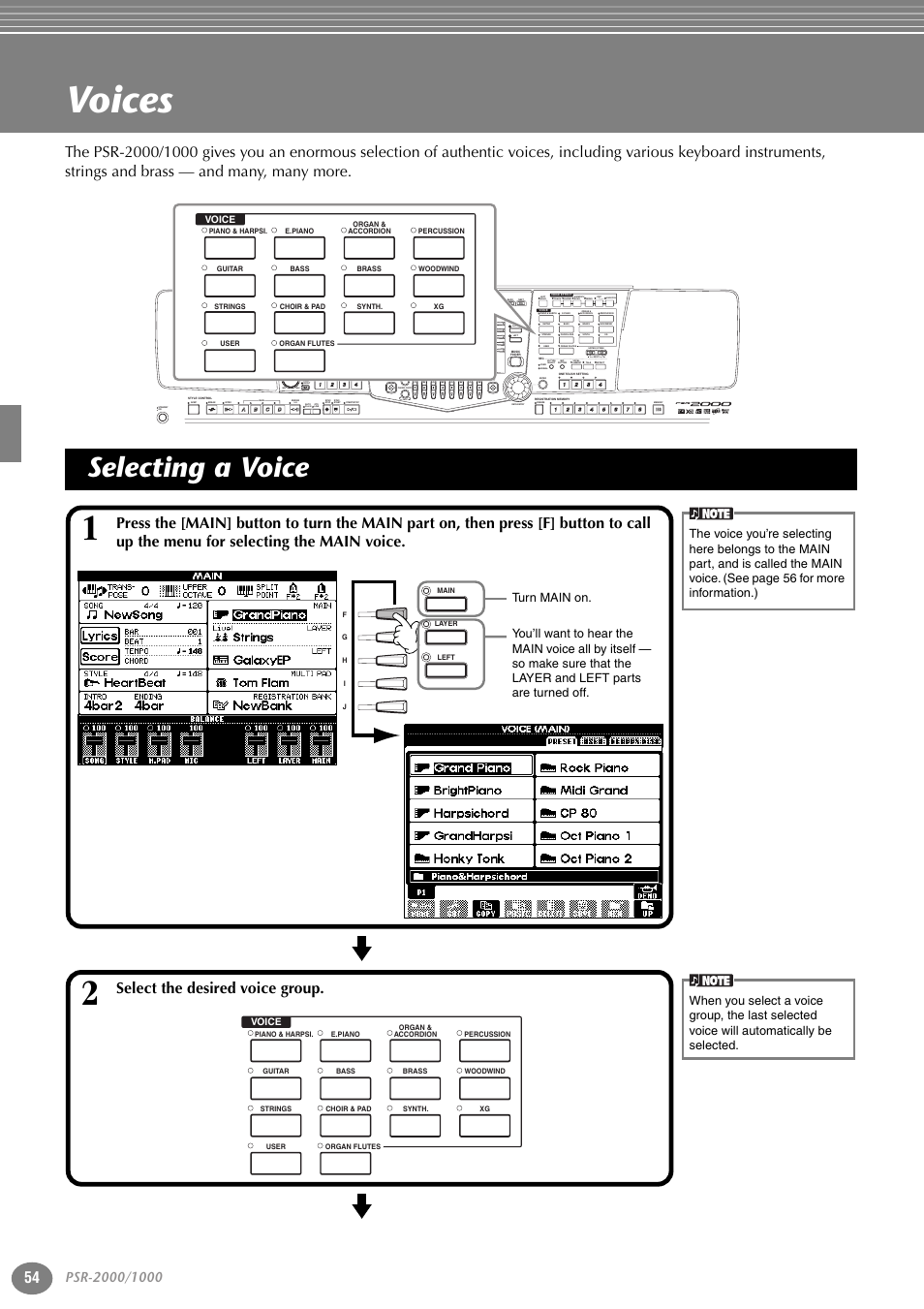 Voices, Selecting a voice, P. 54 | Select the desired voice group, Part, Variation, Reset, Reset min max, Reset new song sync. start, Style) (r) (l) | Yamaha PORTATONE PSR-1000 User Manual | Page 54 / 172