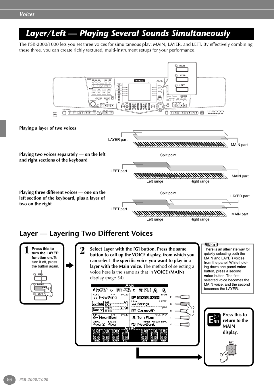 Layer/left — playing several sounds simultaneously, Layer — layering two different voices, Layer/left — playing several sounds | Simultaneously, P. 56, Voices, Part, Variation, Reset, Reset min max | Yamaha PORTATONE PSR-1000 User Manual | Page 56 / 172