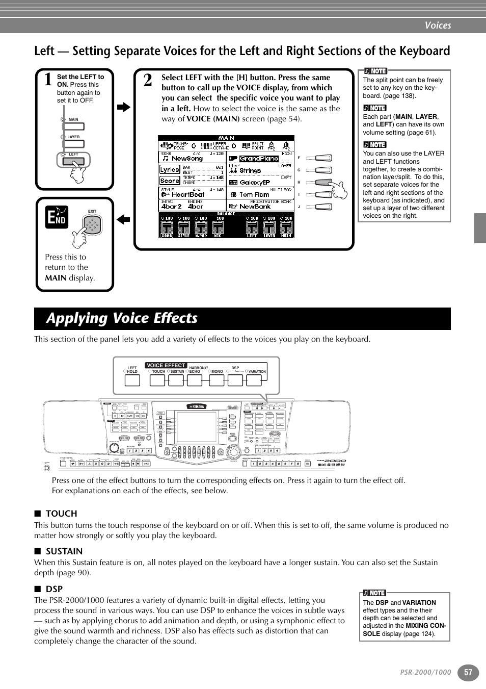 Applying voice effects, Touch, Sustain | Left — setting separate voices for the left, And right sections of the keyboard, P. 57, Voices, Nd press this to return to the main display, Part, Variation | Yamaha PORTATONE PSR-1000 User Manual | Page 57 / 172