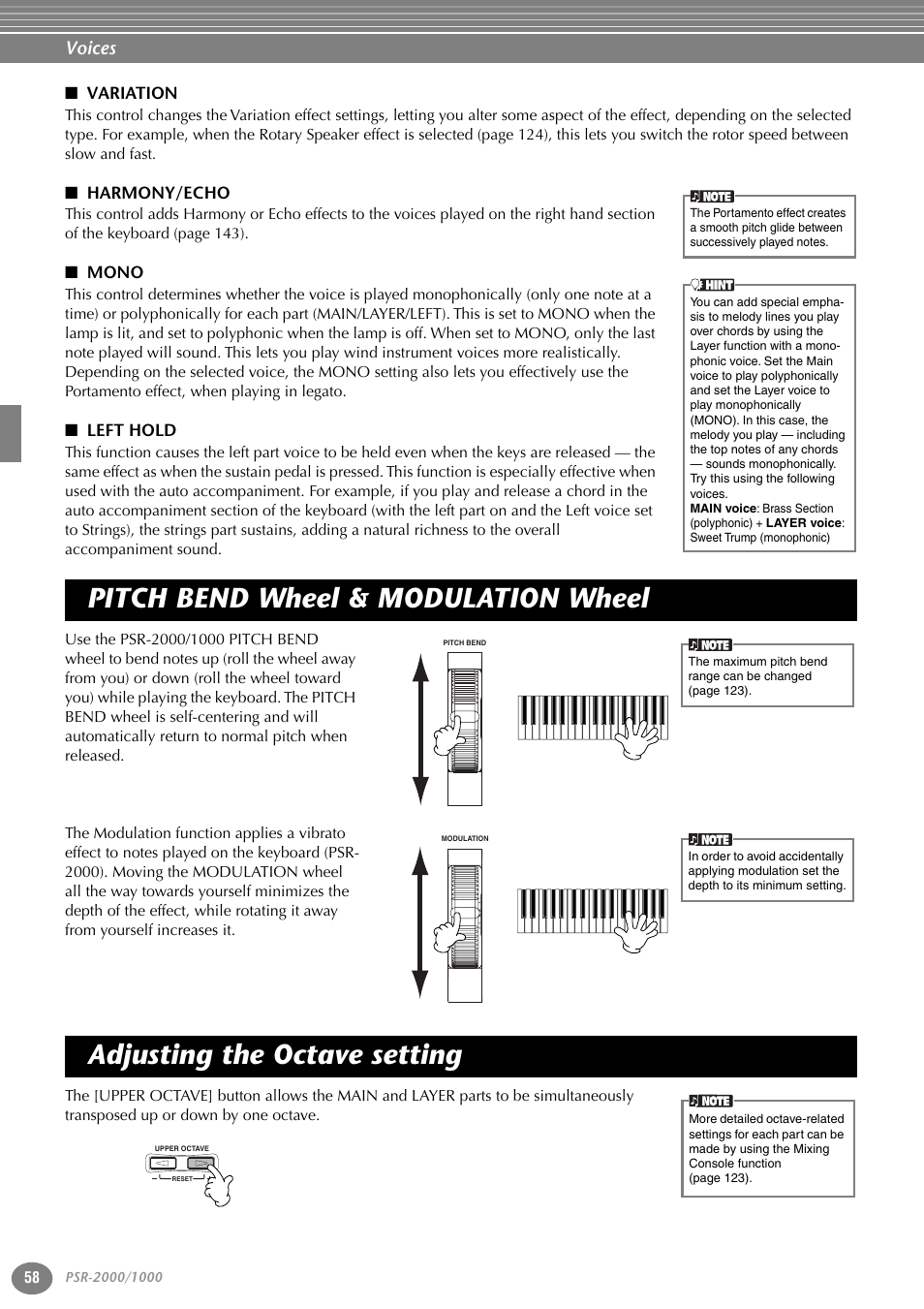 Variation, Harmony/echo, Mono | Left hold, Pitch bend wheel & modulation wheel, Adjusting the octave setting, P. 58, Voices | Yamaha PORTATONE PSR-1000 User Manual | Page 58 / 172