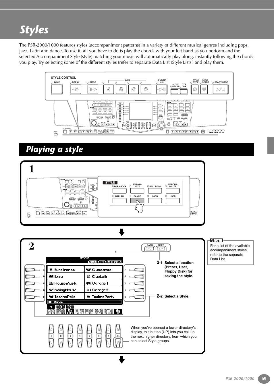 Styles, Playing a style, P. 59 | Part, Variation, Reset, Reset min max, Reset new song sync. start, Style) (r) (l), 2 select a style | Yamaha PORTATONE PSR-1000 User Manual | Page 59 / 172