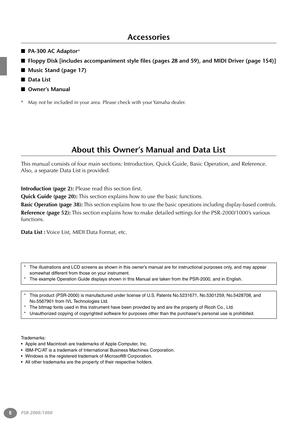 Accessories, Pa-300 ac adaptor, Data list | Owner’s manual, About this owner’s manual and data list | Yamaha PORTATONE PSR-1000 User Manual | Page 6 / 172