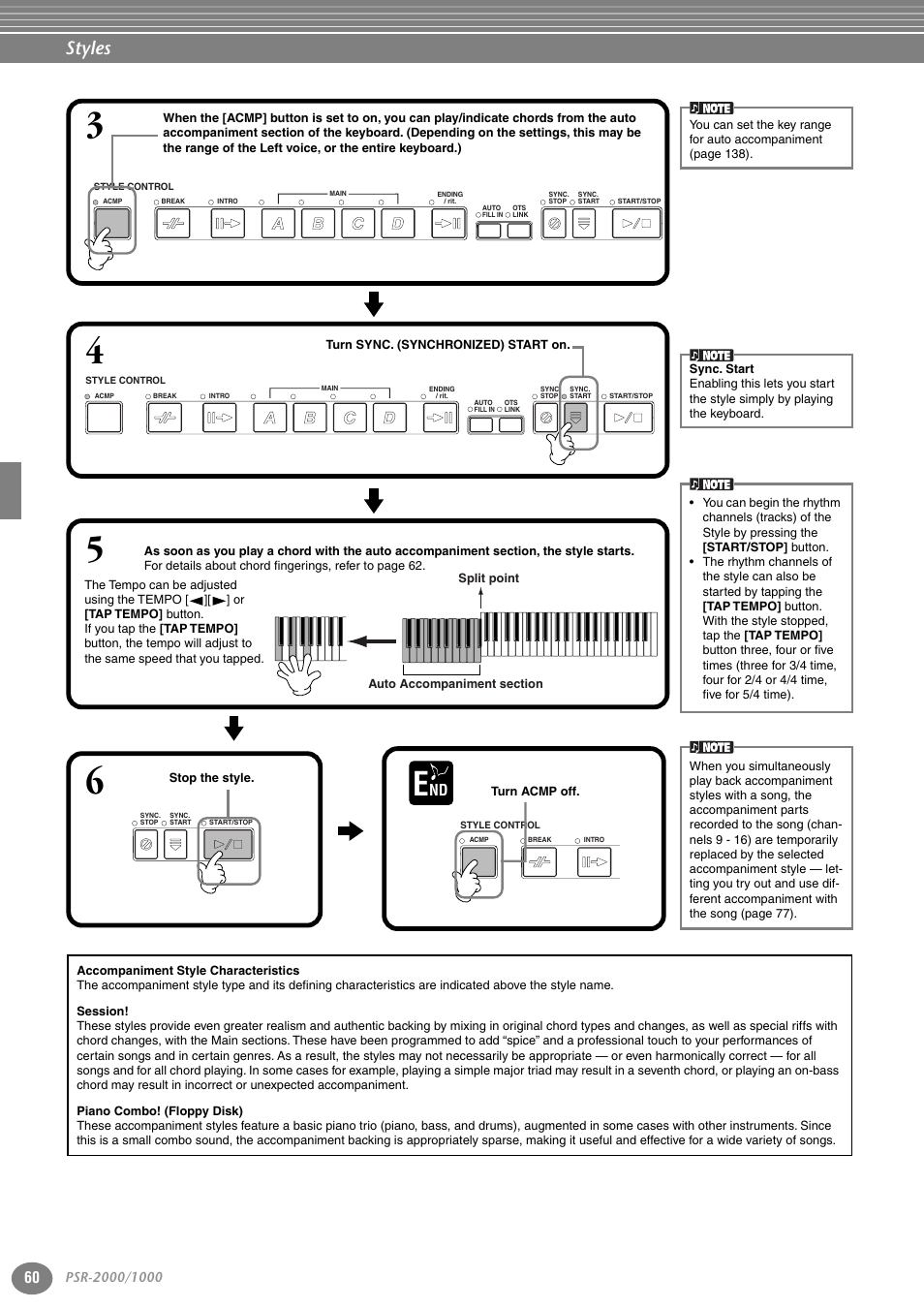 P. 60, Styles | Yamaha PORTATONE PSR-1000 User Manual | Page 60 / 172