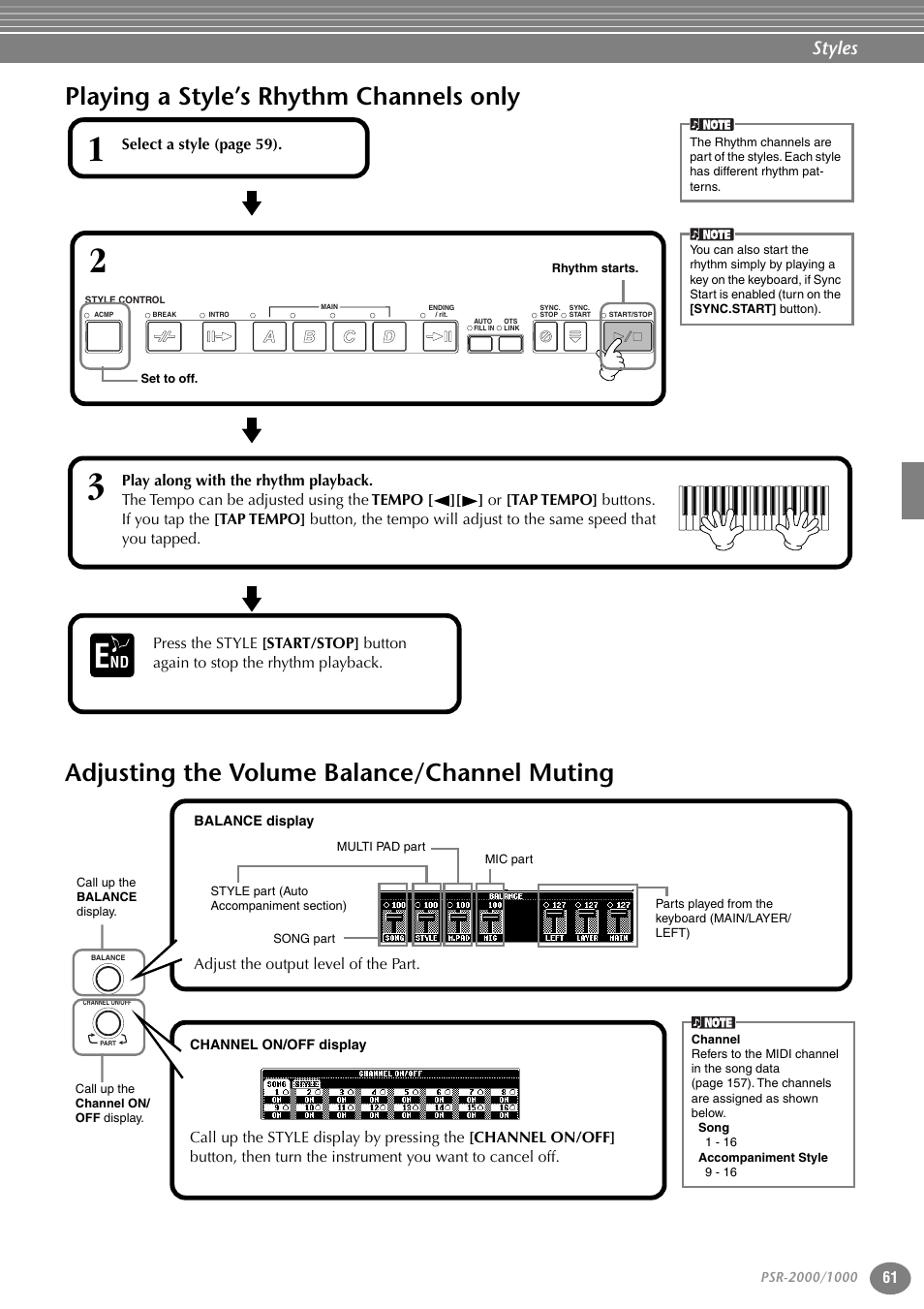 Playing a style’s rhythm channels only, Adjusting the volume balance/channel muting, P. 61 | Styles | Yamaha PORTATONE PSR-1000 User Manual | Page 61 / 172
