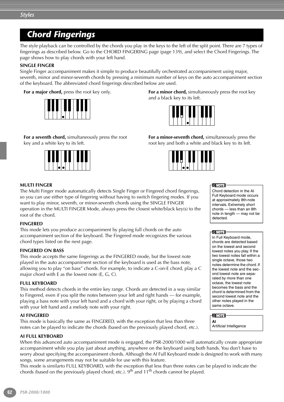 Chord fingerings | Yamaha PORTATONE PSR-1000 User Manual | Page 62 / 172