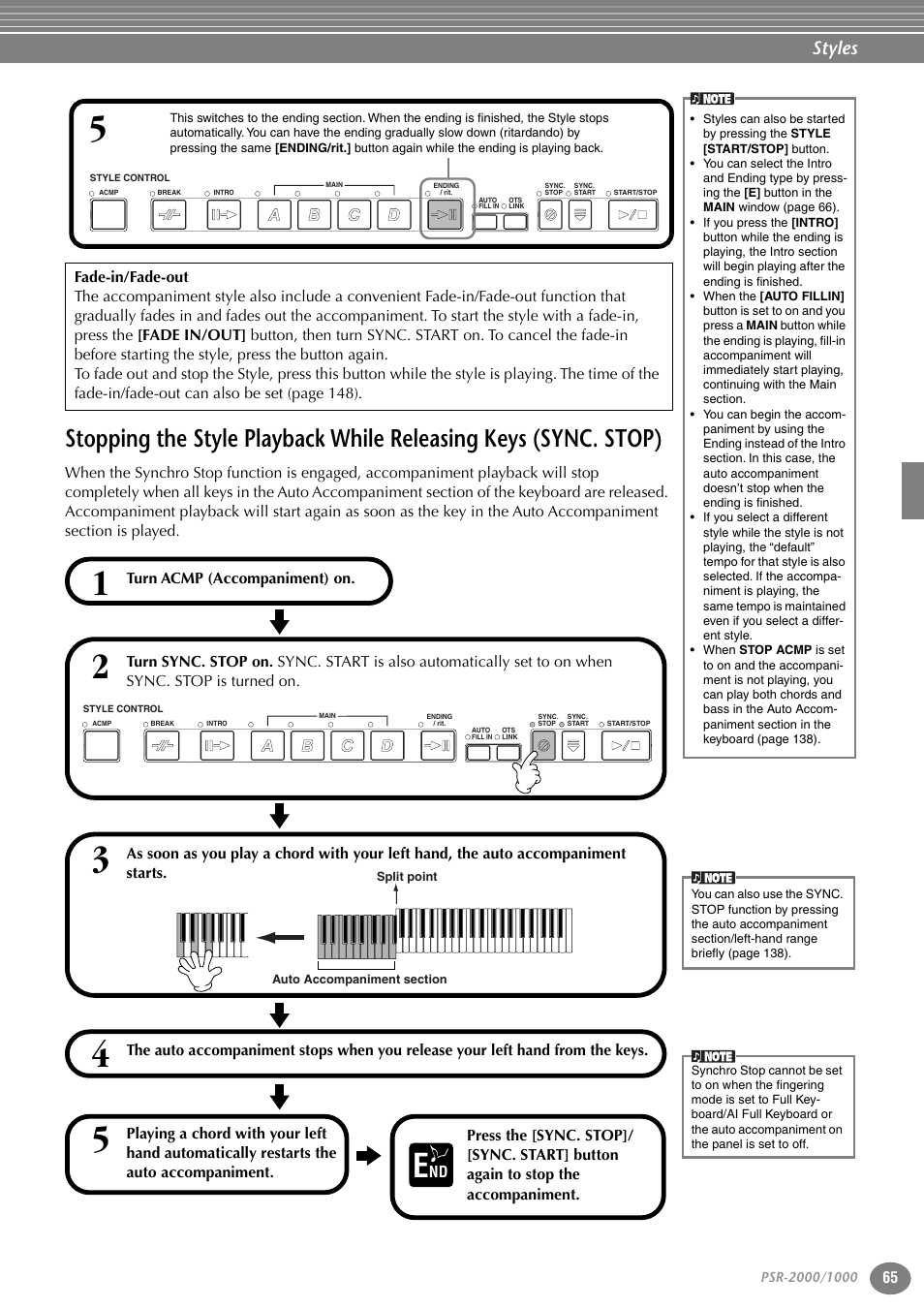 Stopping the style playback while releasing keys, Sync. stop), P. 65 | Styles | Yamaha PORTATONE PSR-1000 User Manual | Page 65 / 172