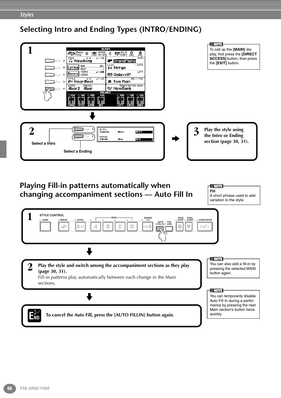 Selecting intro and ending types (intro/ending), Accompaniment sections — auto fill in, P. 66 | Styles | Yamaha PORTATONE PSR-1000 User Manual | Page 66 / 172