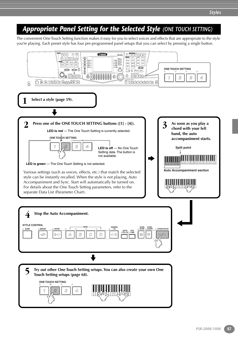 Appropriate panel setting for the selected style, One touch setting), P. 67 | Styles, Select a style (page 59), Stop the auto accompaniment, Part, Variation, Reset, Reset min max | Yamaha PORTATONE PSR-1000 User Manual | Page 67 / 172