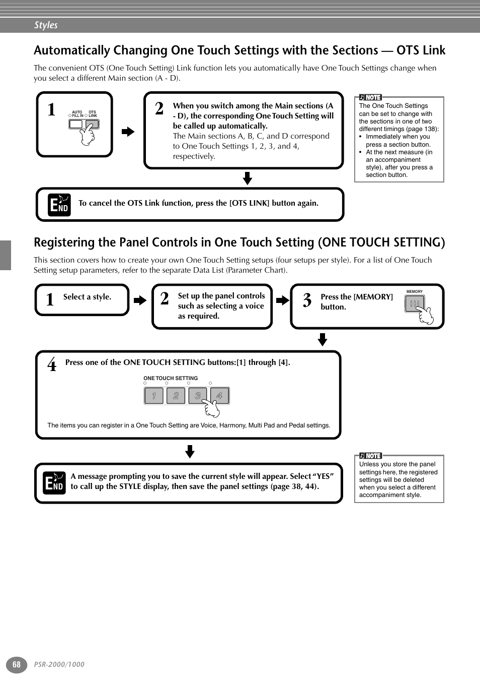 Automatically changing one touch settings, With the sections — ots link, One touch setting) | P. 68 | Yamaha PORTATONE PSR-1000 User Manual | Page 68 / 172