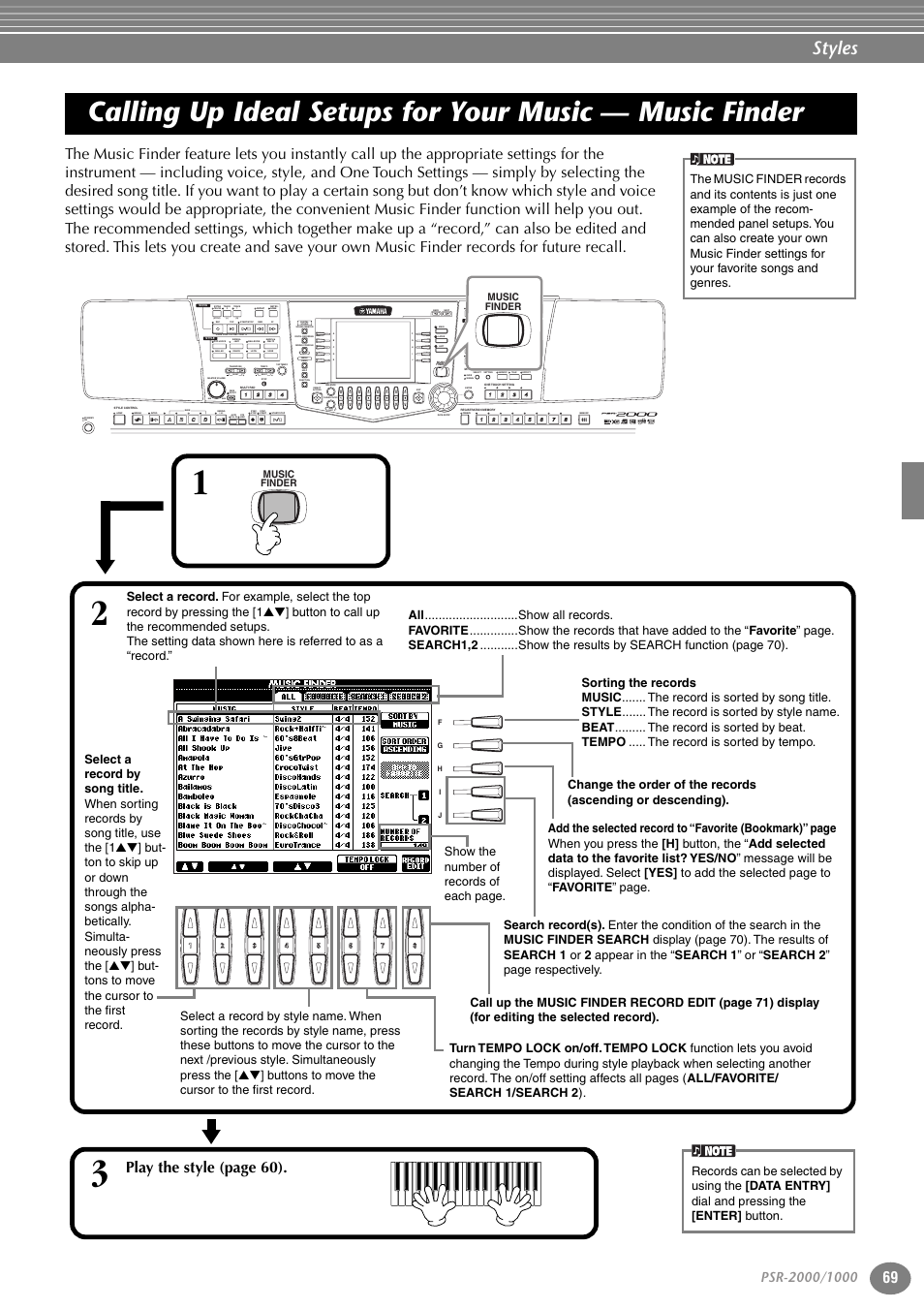 Calling up ideal setups for your music, Music finder, P. 69 | Styles, Pla y the style (page 60), Part, Variation, Reset, Reset min max, Reset new song sync. start | Yamaha PORTATONE PSR-1000 User Manual | Page 69 / 172