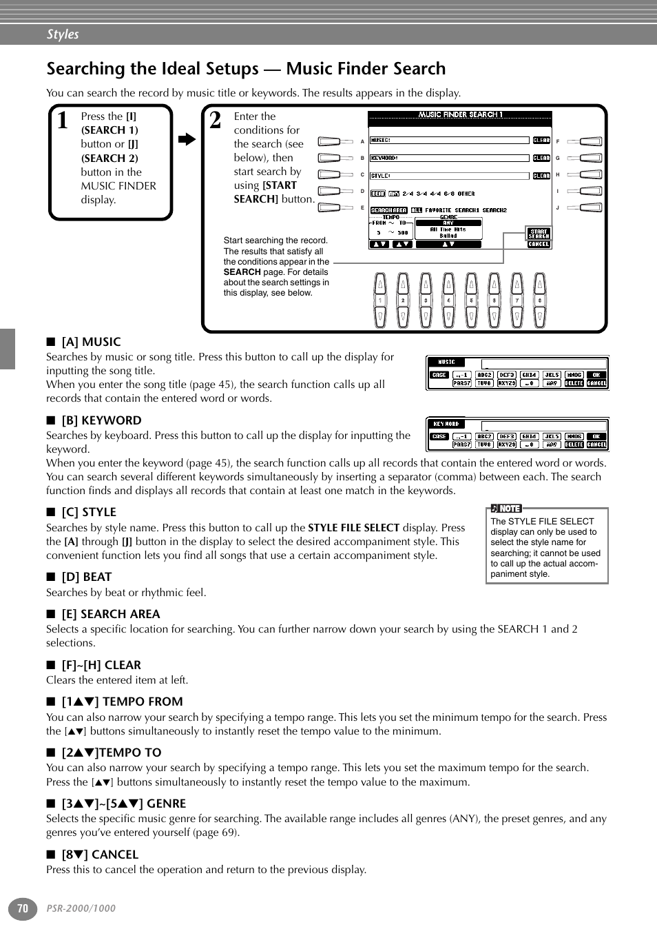 Searching the ideal setups — music finder search, A] music, B] keyword | C] style, D] beat, E] search area, F]~[h] clear, 1st] tempo from, 2st]tempo to, 3st]~[5st] genre | Yamaha PORTATONE PSR-1000 User Manual | Page 70 / 172