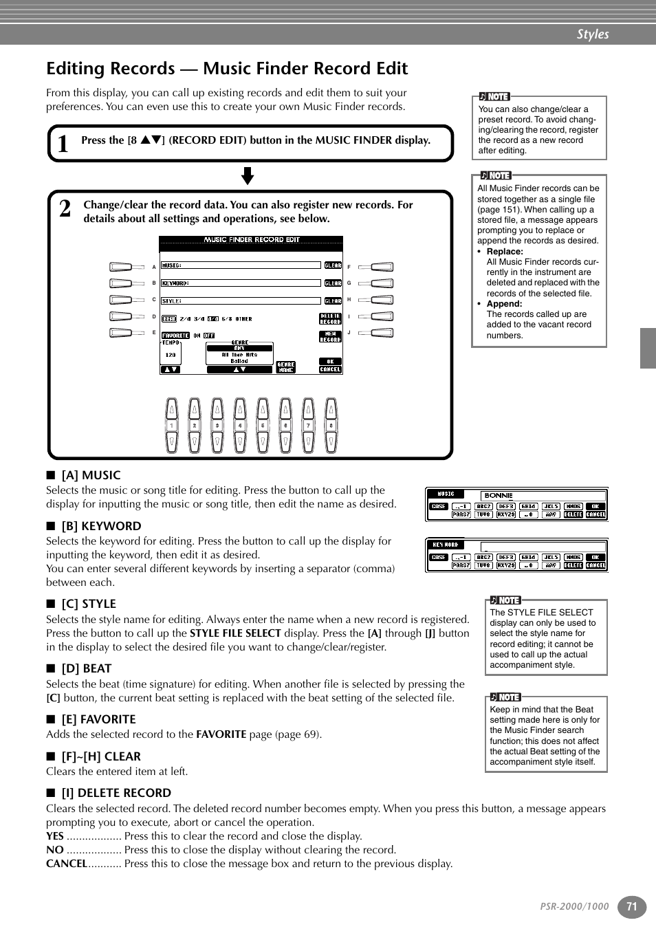 Editing records — music finder record edit, A] music, B] keyword | C] style, D] beat, E] favorite, F]~[h] clear, I] delete record, Styles | Yamaha PORTATONE PSR-1000 User Manual | Page 71 / 172