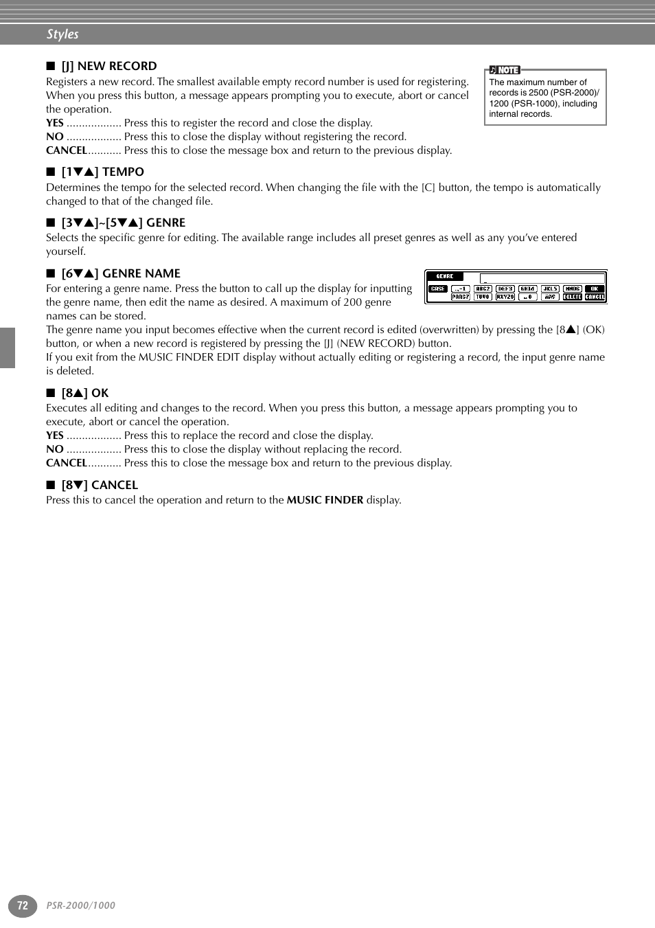 J] new record, 1ts] tempo, 3ts]~[5ts] genre | 6ts] genre name, 8s] ok, 8t] cancel | Yamaha PORTATONE PSR-1000 User Manual | Page 72 / 172