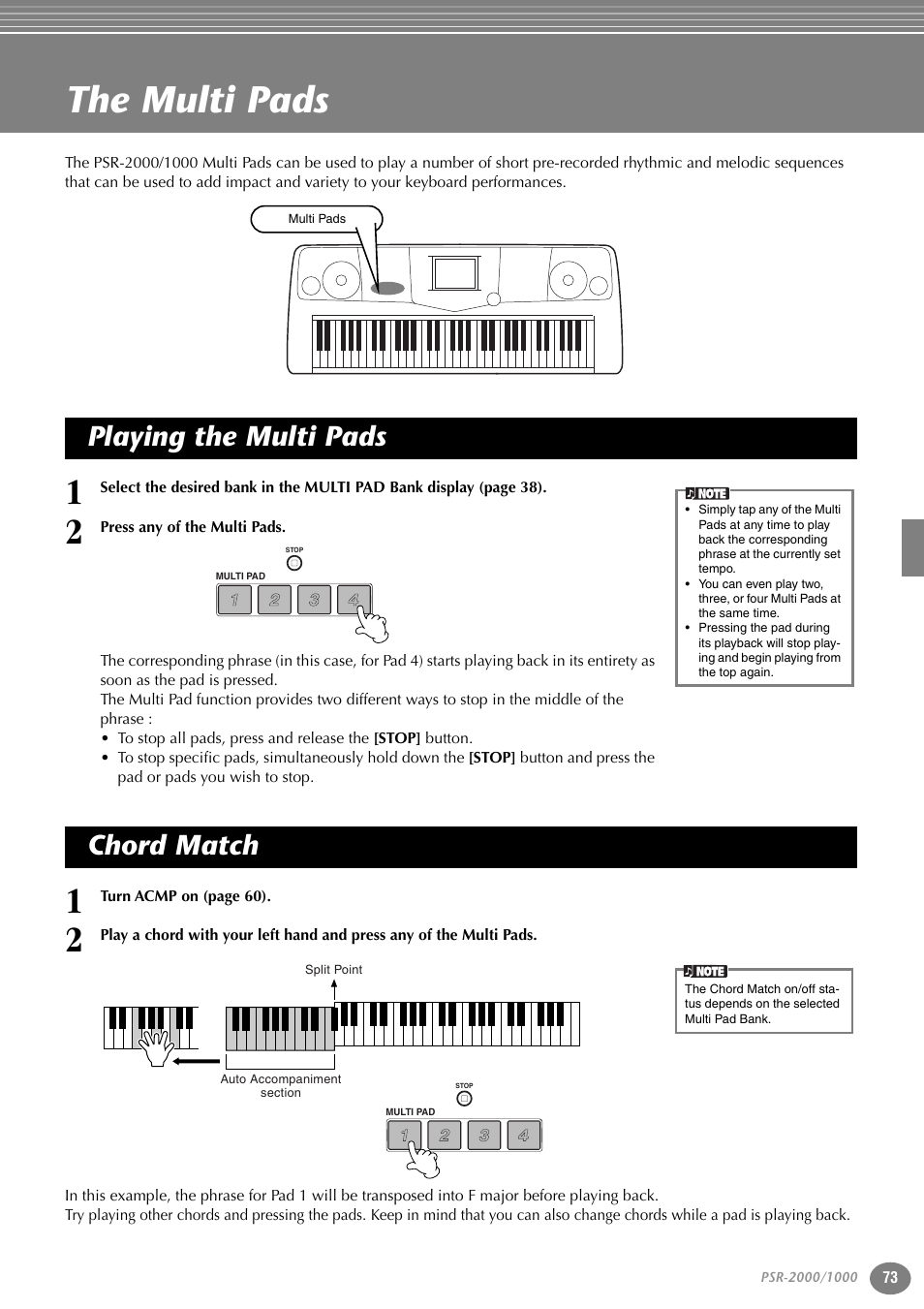 The multi pads, Playing the multi pads, Chord match | Playing the multi pads chord match, P. 73 | Yamaha PORTATONE PSR-1000 User Manual | Page 73 / 172