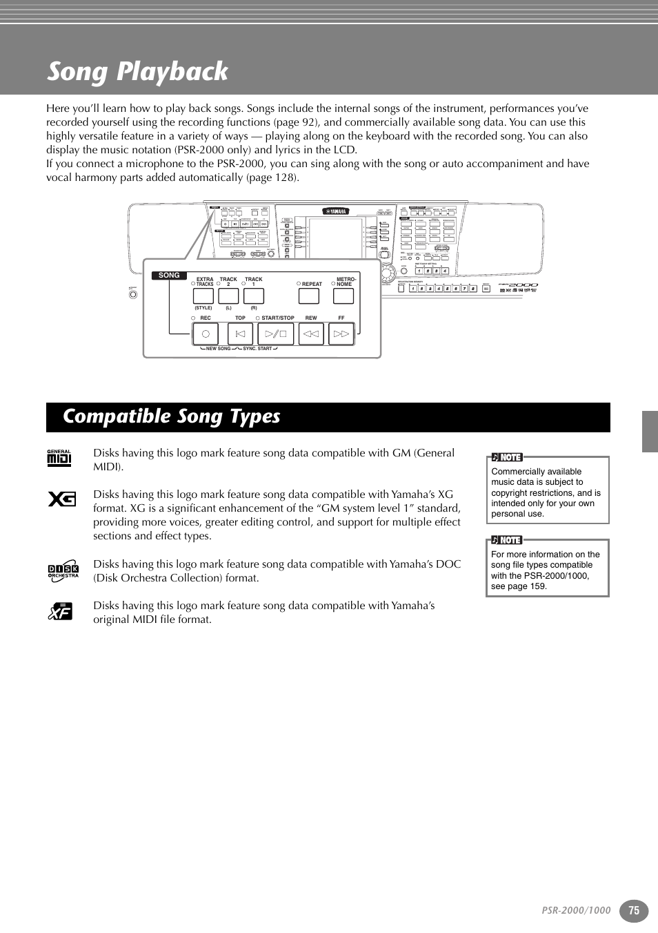 Song playback, Compatible song types, Part | Variation, Reset, Reset min max, Reset new song sync. start, Style) (r) (l), Song | Yamaha PORTATONE PSR-1000 User Manual | Page 75 / 172