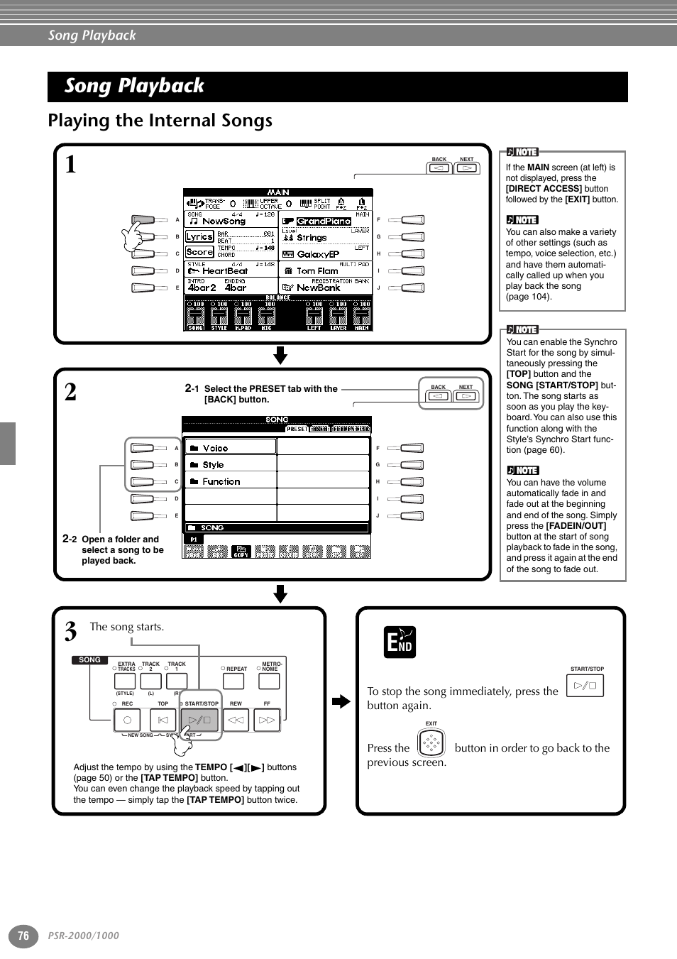 Song playback, Playing the internal songs, P. 76 | Nd 2 | Yamaha PORTATONE PSR-1000 User Manual | Page 76 / 172