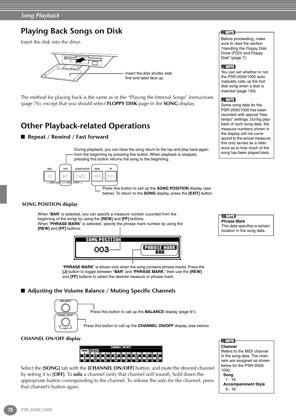 Playing back songs on disk, Other playback-related operations, Repeat / rewind / fast forward | P. 78, Song playback | Yamaha PORTATONE PSR-1000 User Manual | Page 78 / 172