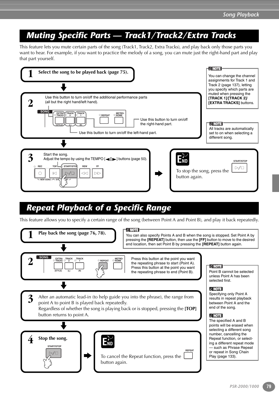 Muting specific parts — track1/track2/extra tracks, Repeat playback of a specific range, Muting specific parts | Track1/track2/extra tracks, Making settings for the pedals and keyboard, Controller, P. 79, Song playback | Yamaha PORTATONE PSR-1000 User Manual | Page 79 / 172