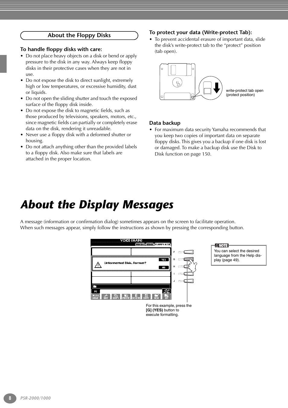 About the floppy disks, To handle floppy disks with care, To protect your data (write-protect tab) | Data backup, About the display messages | Yamaha PORTATONE PSR-1000 User Manual | Page 8 / 172