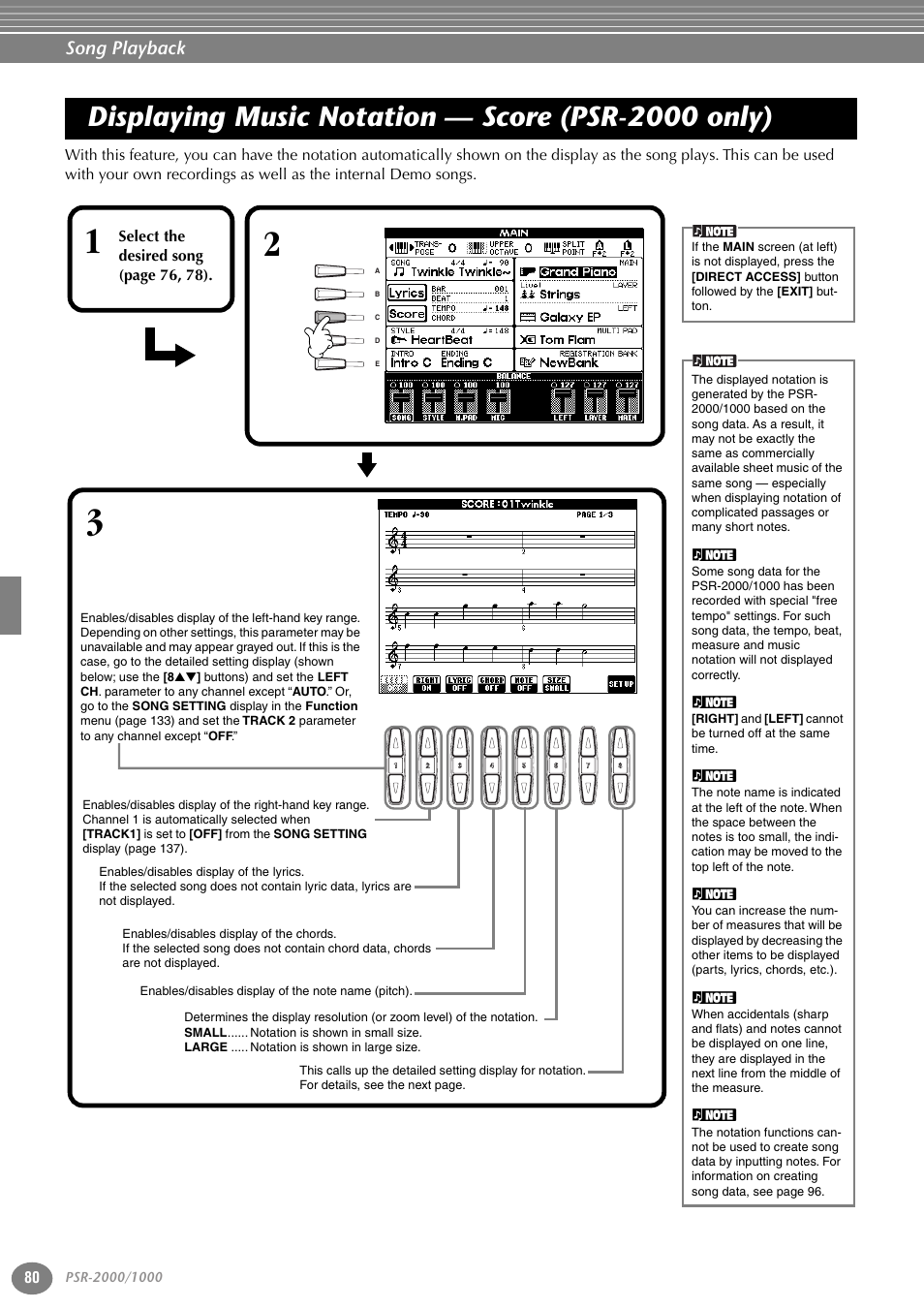 Displaying music notation — score (psr-2000 only), Displaying music notation, Score (psr-2000 only) | Song playback | Yamaha PORTATONE PSR-1000 User Manual | Page 80 / 172