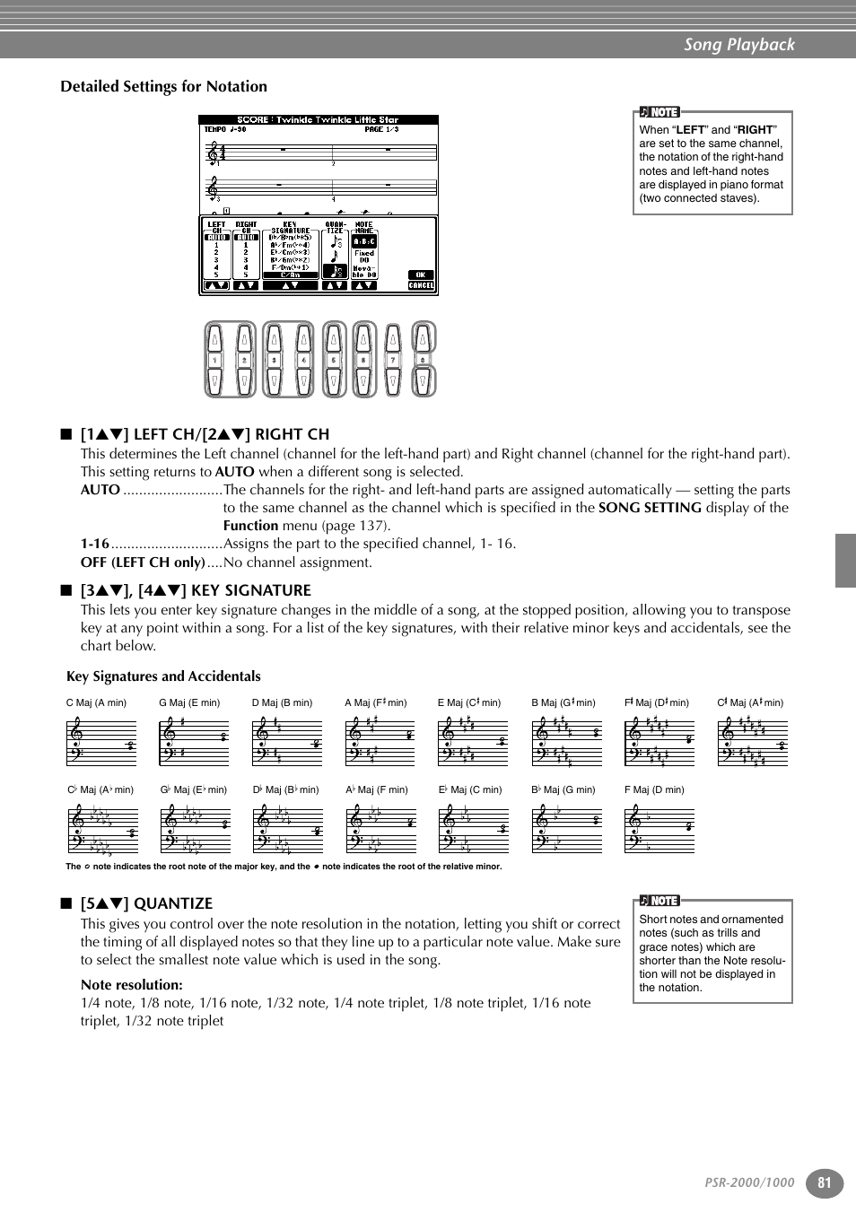 1st] left ch/[2st] right ch, 3st], [4st] key signature, 5st] quantize | Song playback, 3 ▲▼ ], [4 ▲▼ ] key signature, 5 ▲▼ ] quantize, Key signatures and accidentals | Yamaha PORTATONE PSR-1000 User Manual | Page 81 / 172
