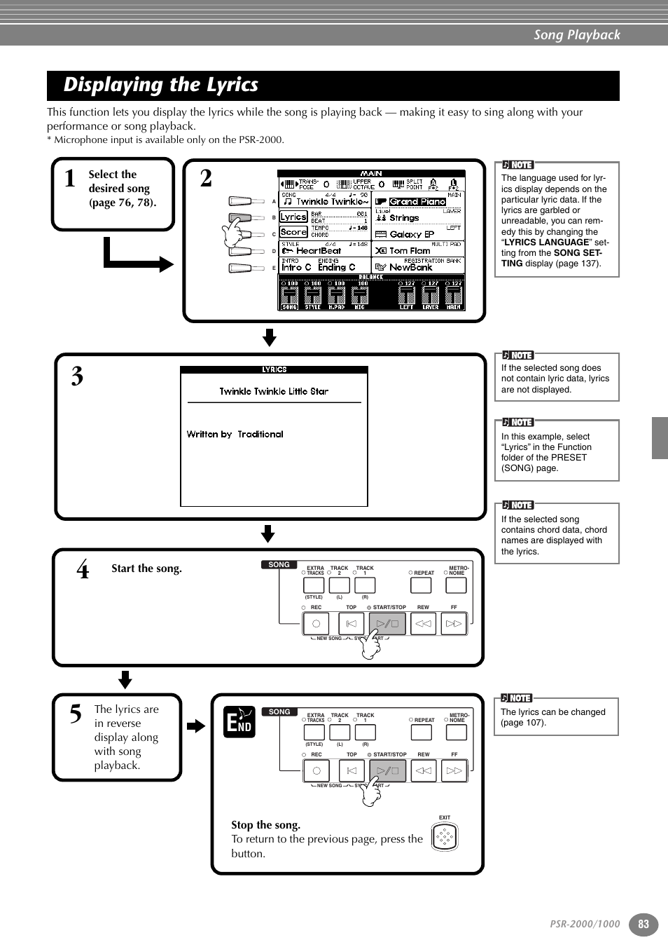 Displaying the lyrics, Song playback, Select the desired song (page 76, 78) | Start the song | Yamaha PORTATONE PSR-1000 User Manual | Page 83 / 172