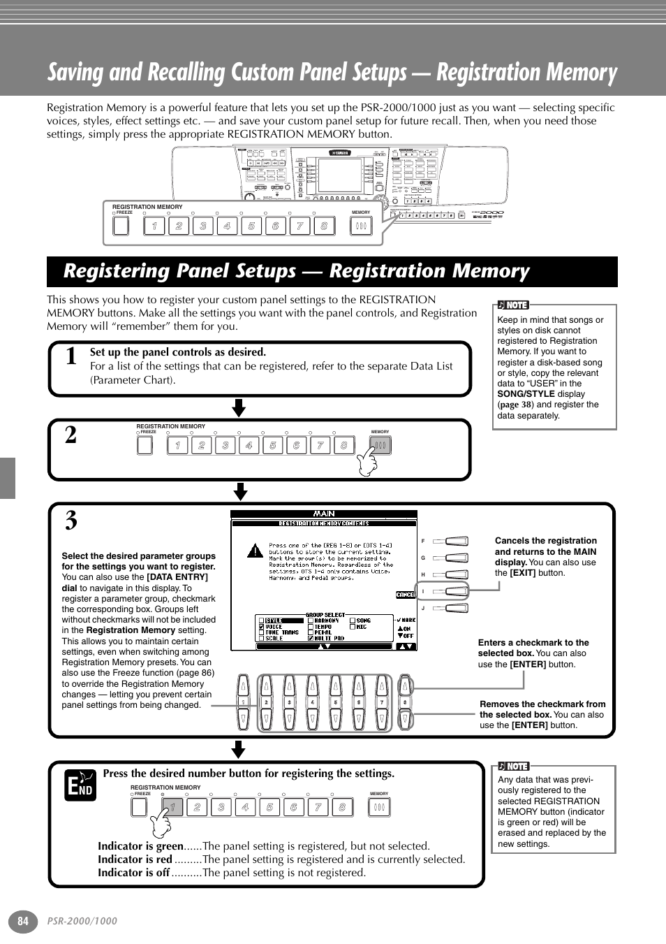 Registering panel setups — registration memory, Registering panel setups — registration memory 84, P. 84 | Yamaha PORTATONE PSR-1000 User Manual | Page 84 / 172